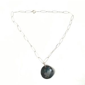 Sterling Silver Curved Faceted Grey Glass Disk Pendant Textured Link Necklace